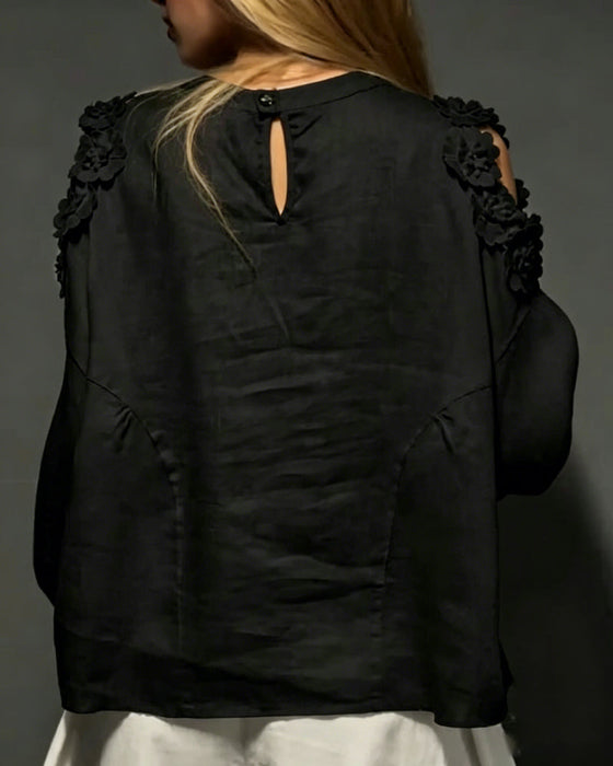 Blusen Rundhals Ausschnitt Off-Shoulder 3D Blumig