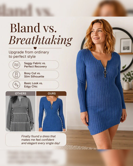 Kleid Reißverschluss Gerippt Langarm Bodycon