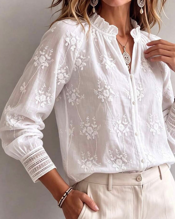 Bluse Rüsche Kante Mandarin Kragen