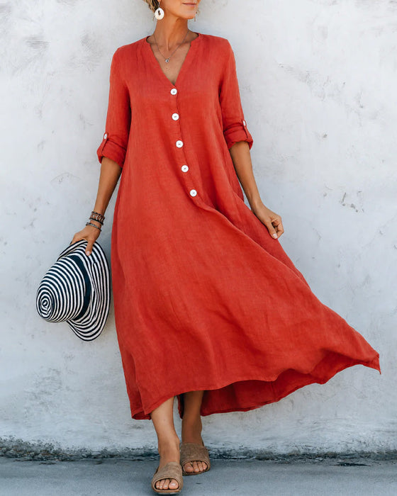 Kleid V-Ausschnitt Knopf A-Linie Lang