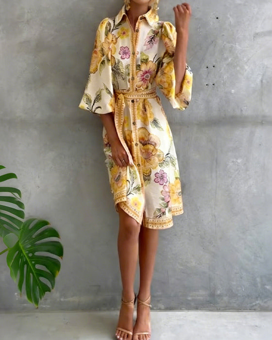 Lampenärmel Kleid mit Reverskragen und Print