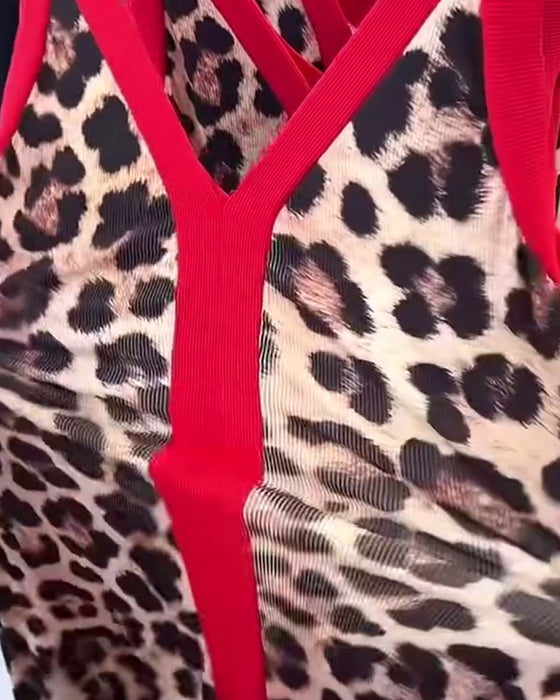 Kleid ärmellos elegant Leopardenmuster Kontrast