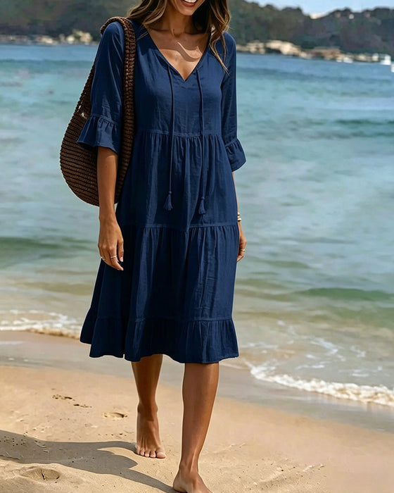 Kleid Ausgestellt Halbarm Bindegürtel