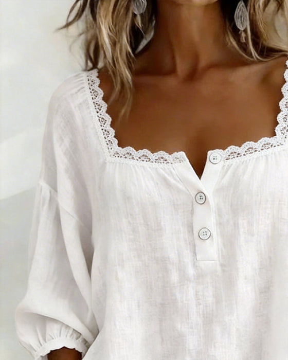 Bluse mit eckigem Ausschnitt Spitze Puffärmel