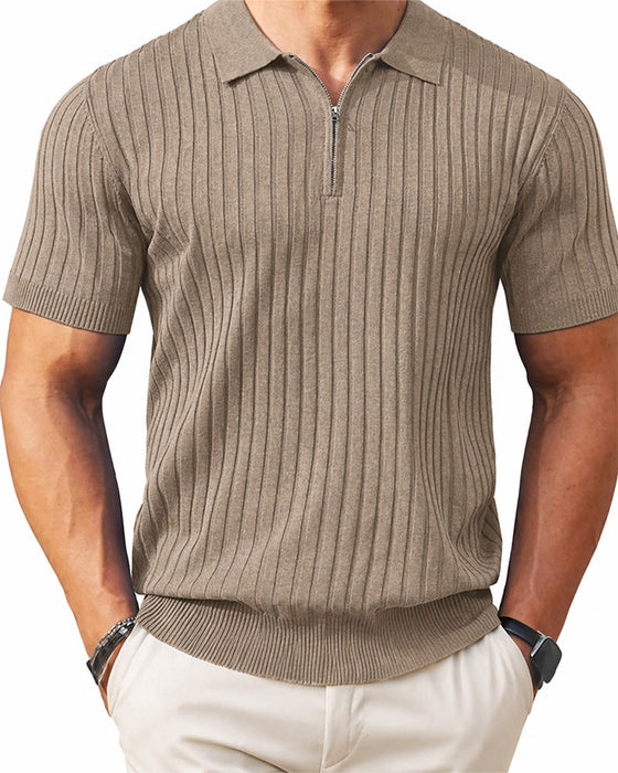 Hemden Herren Reißverschluss Kurzarm Rippstrick Polo T-Shirts Golf