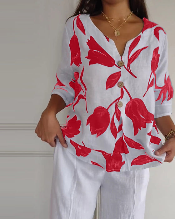 Button-Down-Oberteil aus Baumwolle und Leinen mit Blumendruck