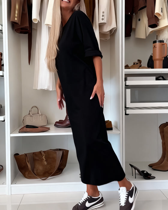 Kleid Uni Rundhals Schlitz Tunika