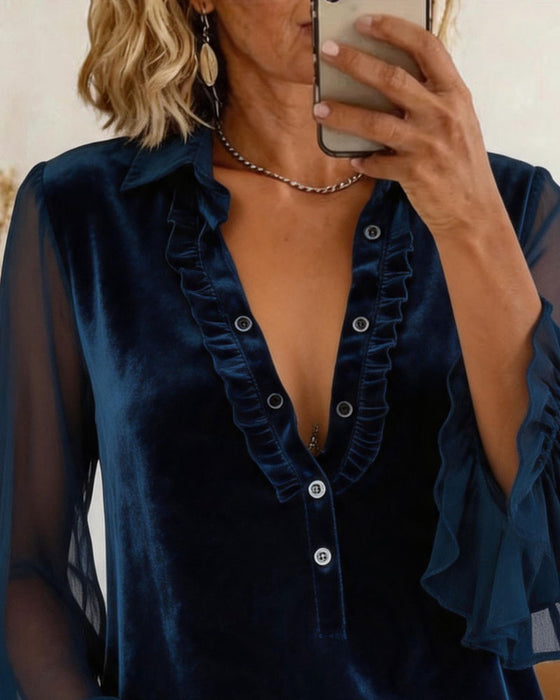 Bluse Samt Patchwork Rüschen Ärmel