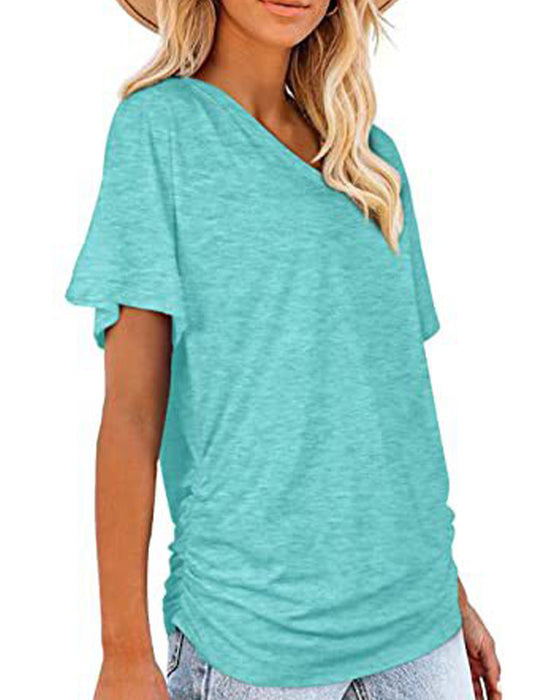 T-Shirt Plissiert Einfarbig V-Ausschnitt