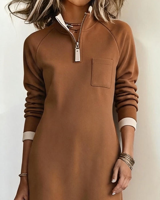 Kleid Halbreißverschluss Stehkragen Sweatshirt