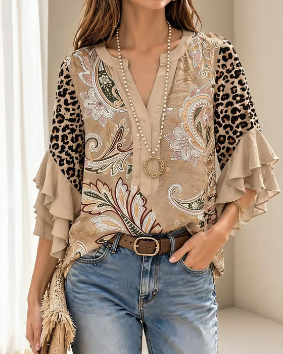 Bluse Leopard Druck Panel Rüsche Ärmel
