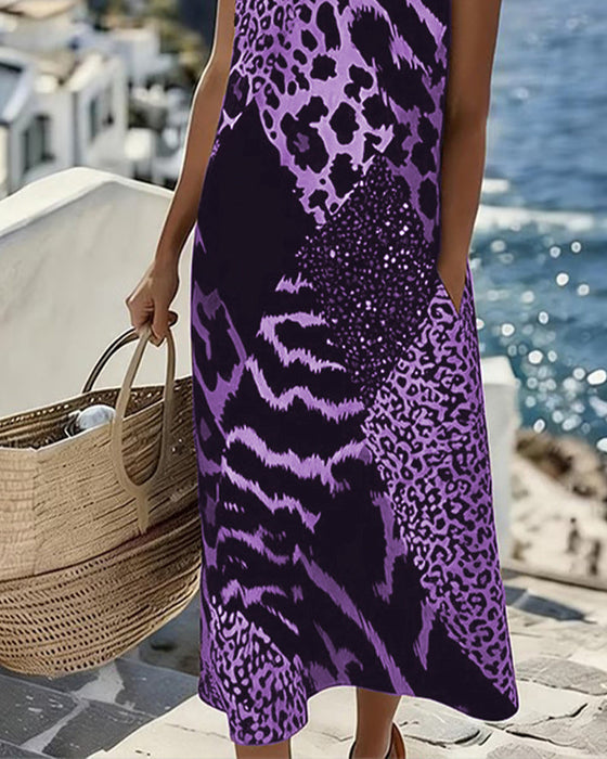 Kleid Patchwork Leopardenmuster Ärmellos Lang
