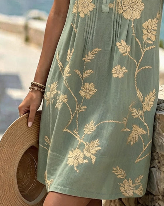 Kleid Rundhals Ärmellos Knopf Plissiert Druck