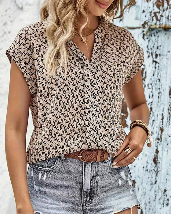 Bluse V-Ausschnitt Bedruckt Freizeit Kurzarm