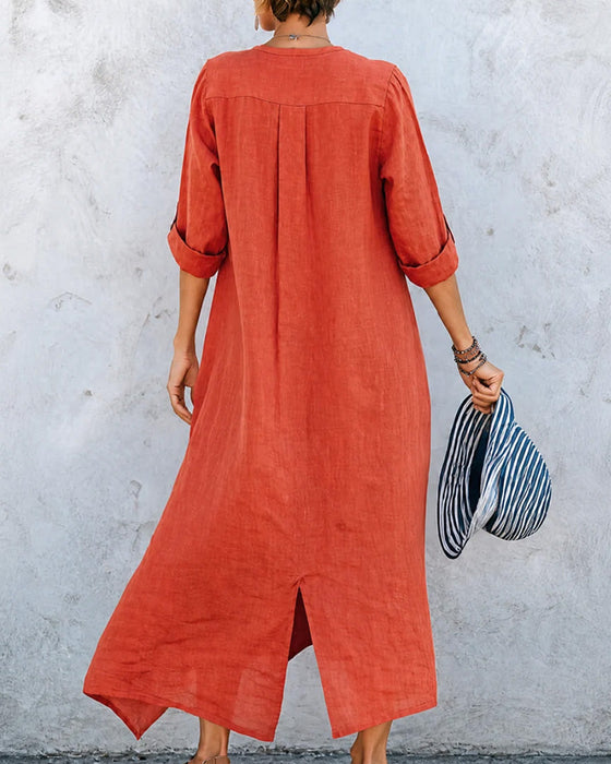 Kleid V-Ausschnitt Knopf A-Linie Lang