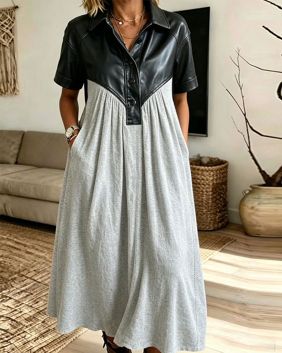Kleid PU Leder Patchwork Kurzarm Hemd