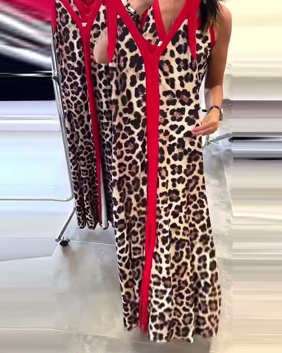 Kleid ärmellos elegant Leopardenmuster Kontrast