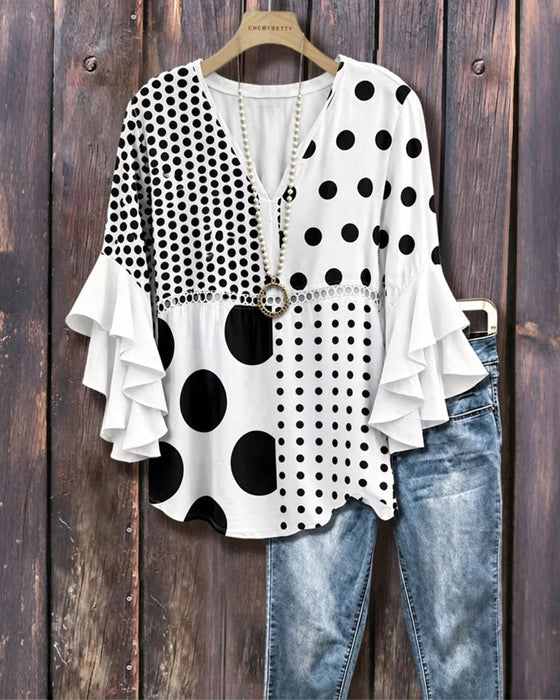 Bluse Gemischtes Pünktchen Patchwork Rüsche