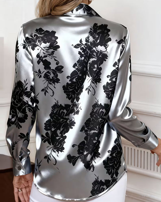 Bluse Revers Farbblock Drapiert Langarm
