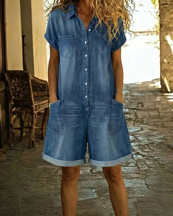 Jumpsuits aus Denim mit kurzen Ärmeln