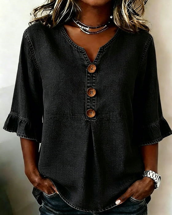 Bluse V-Ausschnitt Ausgestellter Ärmel Denim