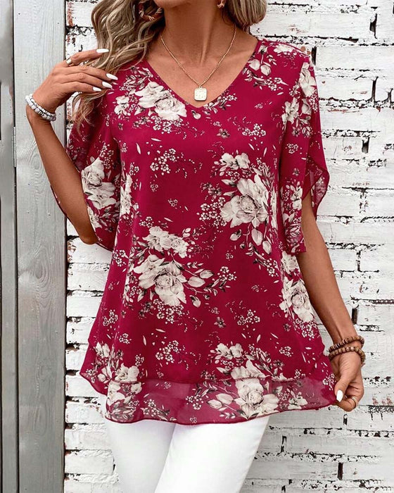 Bluse V-Ausschnitt Bedruckt Doppel-Layer Kurzarm