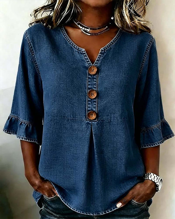Bluse V-Ausschnitt Ausgestellter Ärmel Denim
