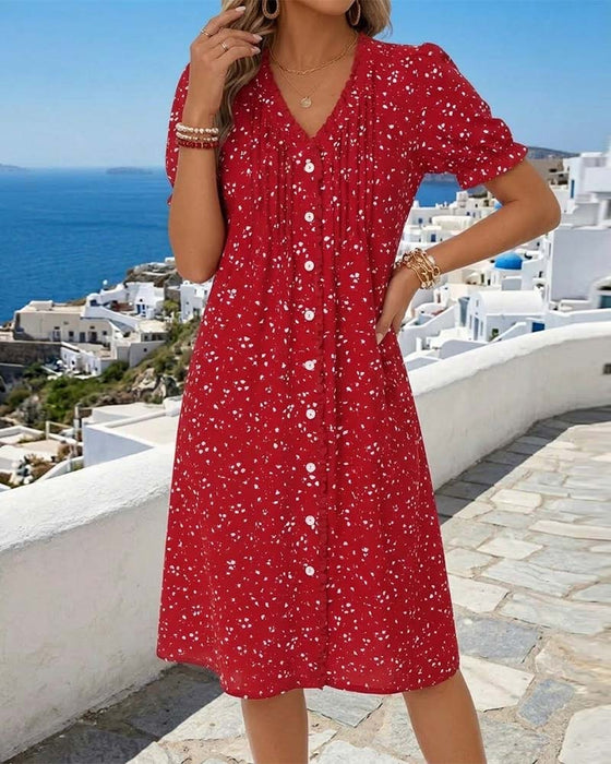 Kleid Blumenmuster V-Ausschnitt Knopfleiste vorne