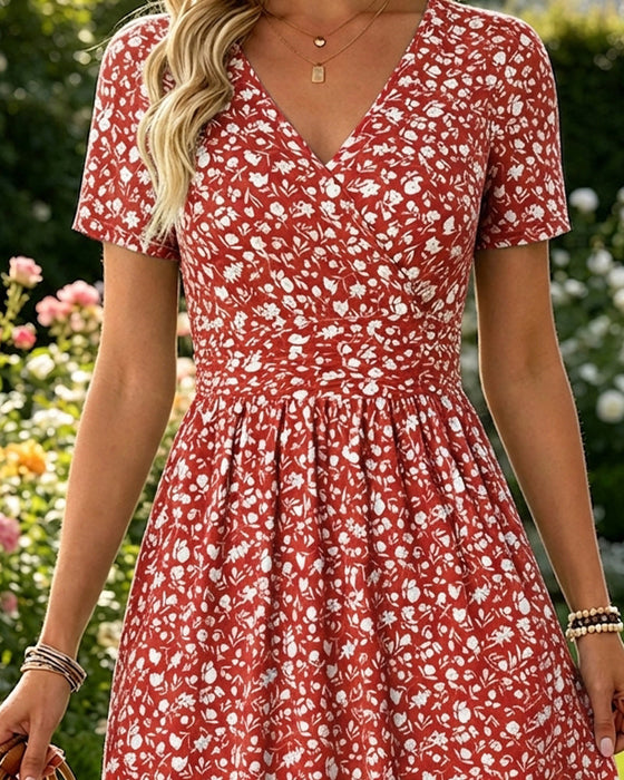 Kleid V-Ausschnitt Kurzarm Kleine Blumen