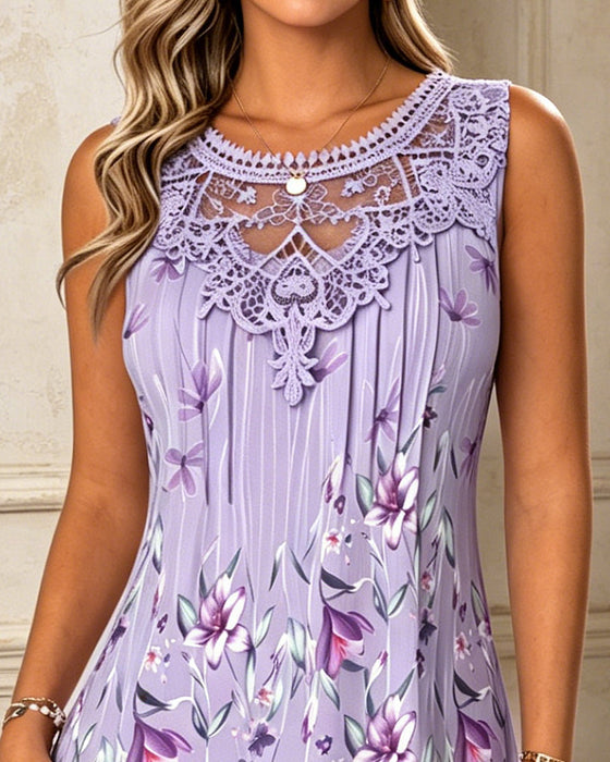 Kleid Ärmellos Spitze Patchwork Bedruckt
