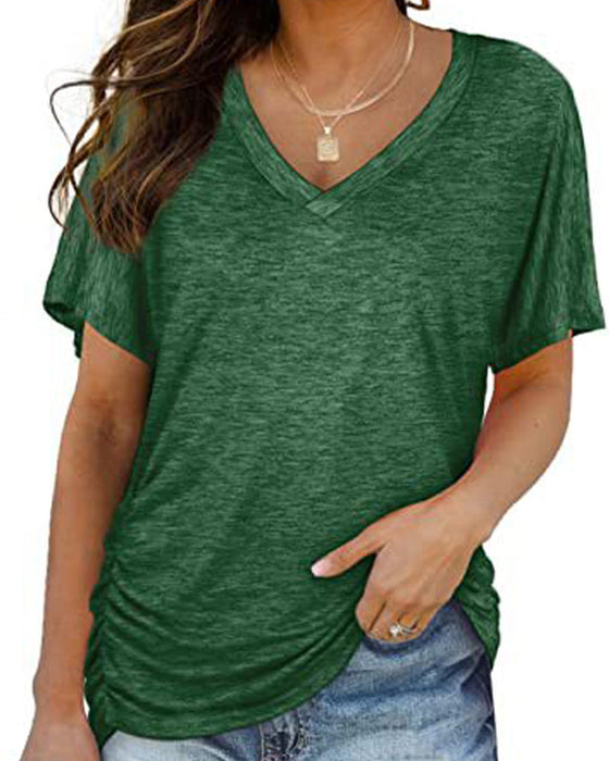 T-Shirt Plissiert Einfarbig V-Ausschnitt