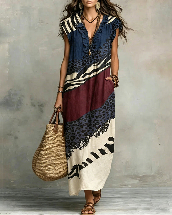 Kleid V-Ausschnitt Rüsche Muster Patchwork
