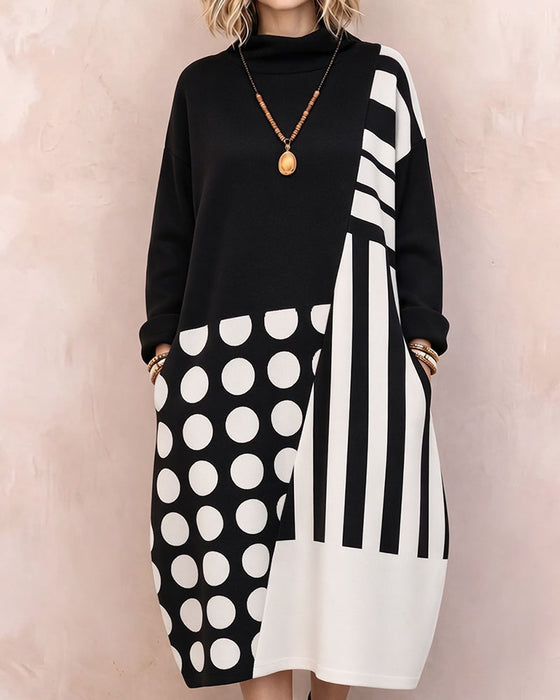 Kleid Patchwork Polka Dot Gestreift Hoher Hals Langarm