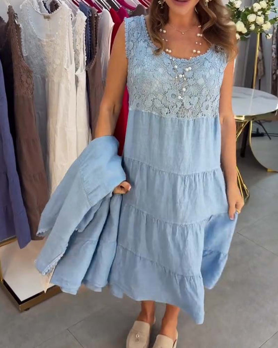 Kleid Rundhals Ärmellos Spitze Lagen