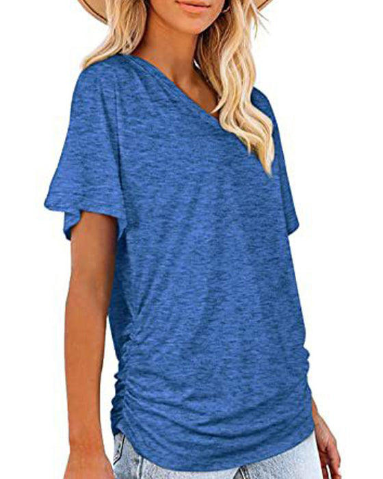 T-Shirt Plissiert Einfarbig V-Ausschnitt