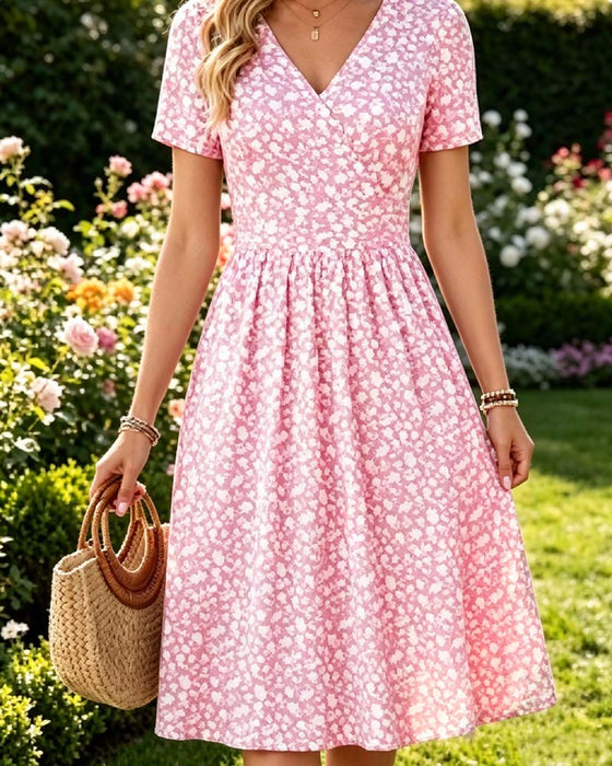 Kleid V-Ausschnitt Kurzarm Kleine Blumen