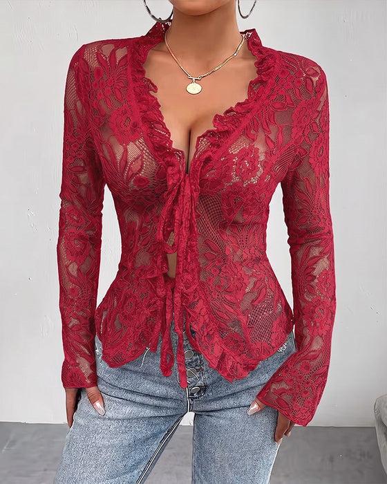 Bluse V-Ausschnitt Binden Spitze