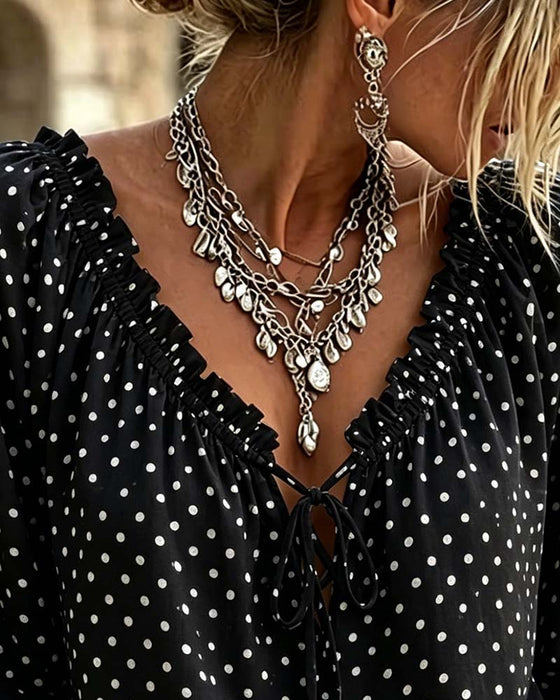 Bluse V-Ausschnitt Rüsche Polka Dot Bindung