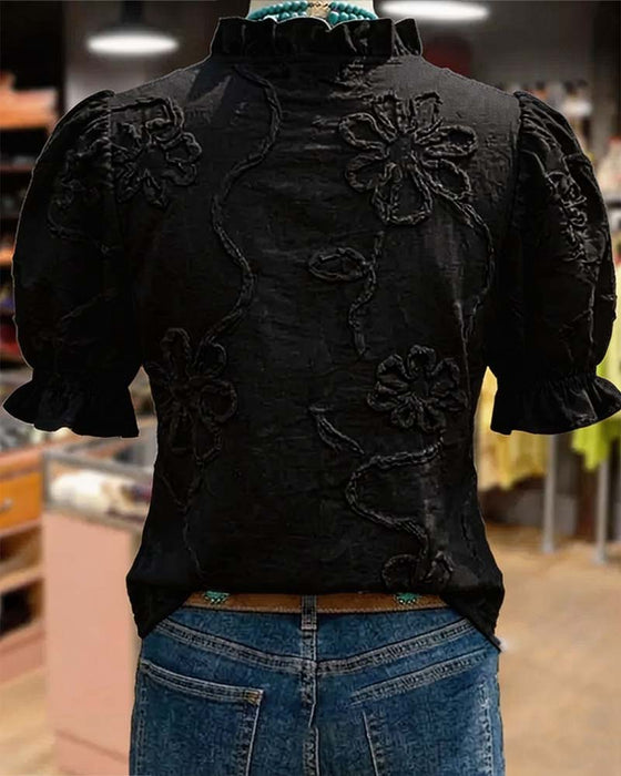 Bluse V-Ausschnitt Rüschenbesatz Puffärmel