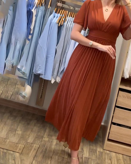 Kleid V-Ausschnitt Tailliert Elegant Plissiert