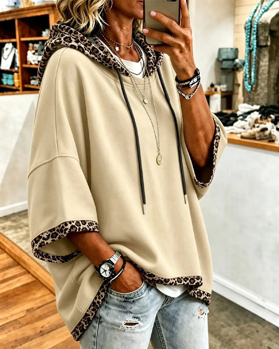 Hoodie Leopardenprint Patchwork Mit Kapuze 3/4 Ärmel