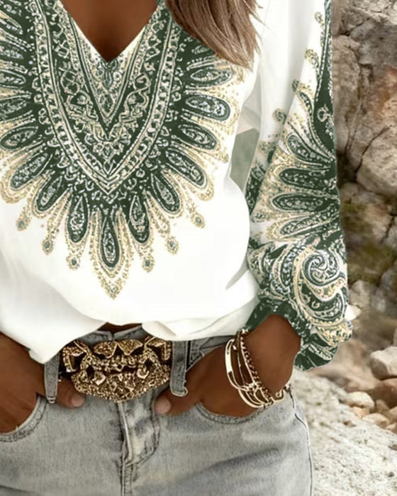 Top Mit V-Ausschnitt Und Retro-Print