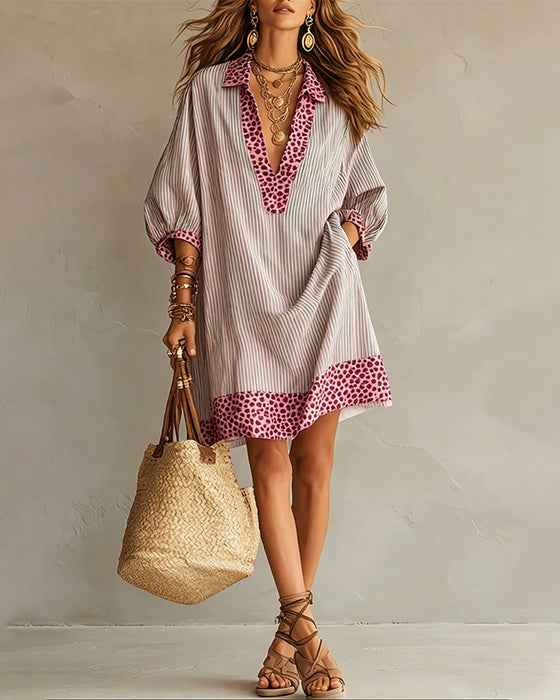 Kleid Leopardenprint Panel Puffärmel Gestreiftes Hemd