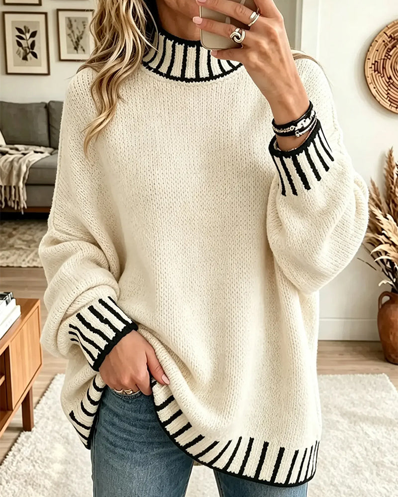 Pullover Kontrast Gestreift Rollkragen Locker
