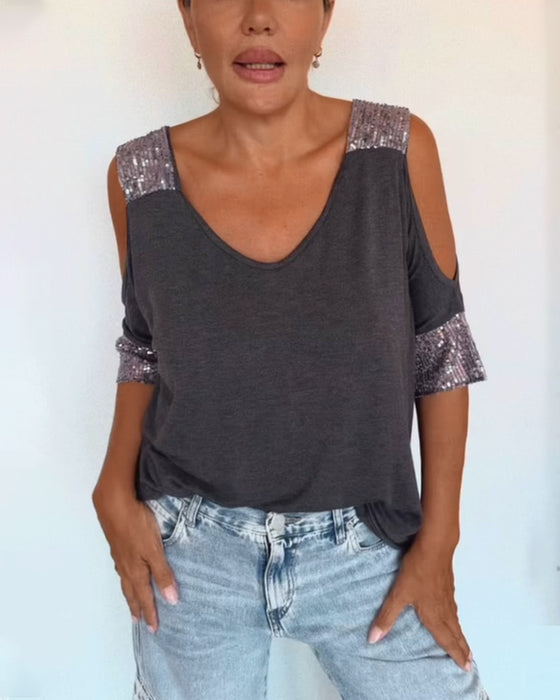 T-Shirt Mit Off - the - Shoulder - Perlenapplikation