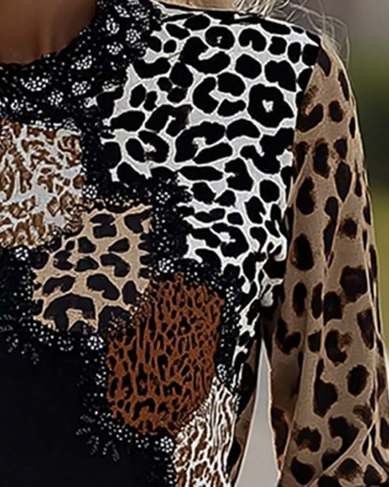 Oberteil Langarm Leopard Patchwork Lässig