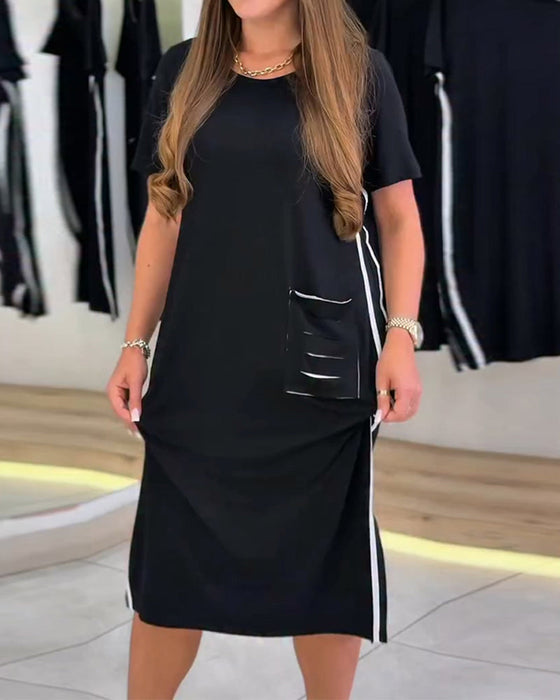 Kleid Seite Weißer Streifen Tasche Gerade
