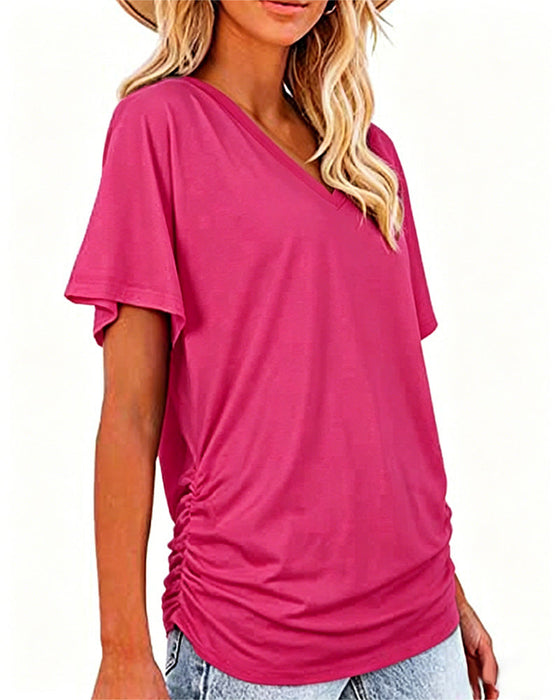 T-Shirt Plissiert Einfarbig V-Ausschnitt