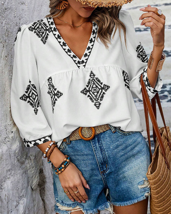 Bluse mit V-Ausschnitt Diamantmuster Dreiviertelärmel