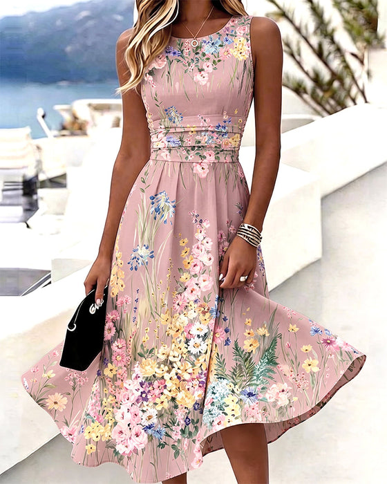 Kleid Ärmellos Blumenprint Taillenbetonend